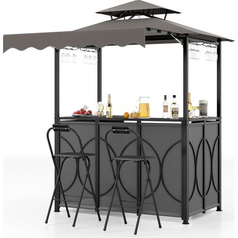Costway – Tonnelle de barbecue 3 pcs avec auvent – Gazebo à double toit 193x117x240 cm – Table de bar et 2 chaises pliables – Métal et polyester gris (1/5)