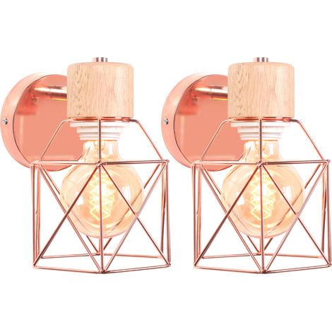 (2X) Applique Murale Rétro Moderne Lampe Murale Nordique Applique Murale En Bois Métal Applique Murale Vintage Ampoule E27 (Or Rose)
