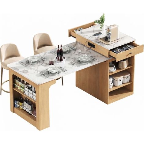 ELVMI Desserte de Cuisine avec 1 Tiroir, Table Extensible et Prises, pour Cuisine et Salle à Manger, MDF, Naturel (1/5)