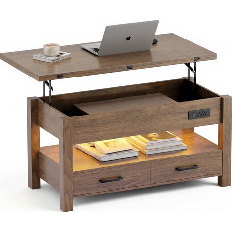 Table Basse Relevable Intelligente pour Salon, 4 en 1 Multifonction Moderne avec Tiroirs De Rangement, Table Basse en Bois Style Ferme, Noyer (1/5)