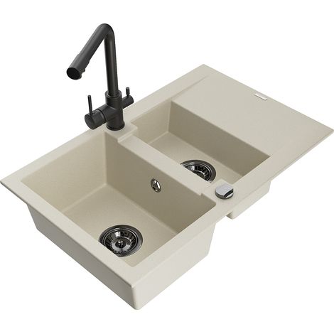 Mexen Gaspar évier en granit 1,5 bac avec égouttoir et mitigeur de cuisine Duero, beige - 6507-69-671600-70 (1/5)