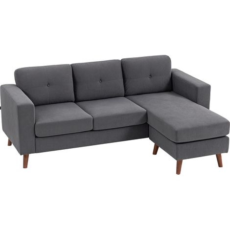 Sofá chaise longue reversible de 3 plazas tapizado en tela con estructura de acero, ideal para espacios pequeños, color gris oscuro (1/5)