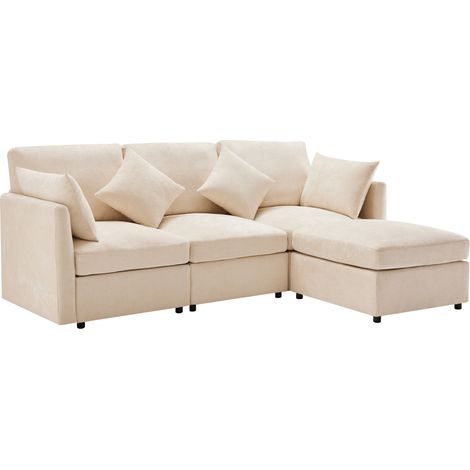 Sofá esquinero modular en L beige de chenilla con 4 cojines HOMVRA (1/5)