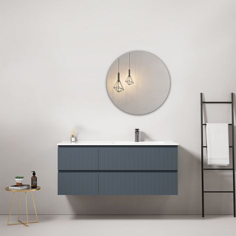 Mobile bagno sospeso cannettato 120 cm Blu Mare Lavabo a Destra in Ceramica Specchio Tondo - Fiji Paint (1/4)