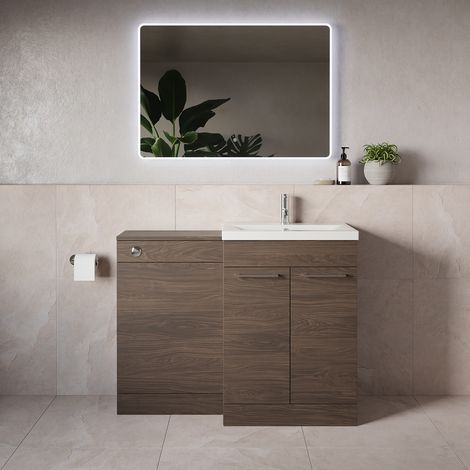 Napoli 390 Brown Oak 1100mm 2 Door Vanity Unit Toilet Suite with Glide Basin - 1100mm - Chrome 160mm HandleWithout Kingston Toilet Pan