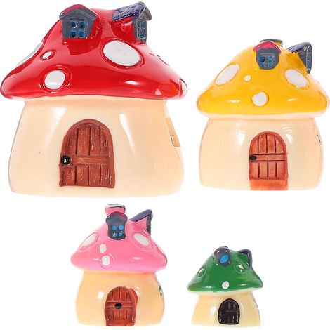 4 Stück Pilzhaus Figuren aus Kunstharz für Pilzgarten