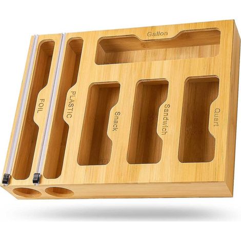 Organisateur de rangement pour sacs Ziploc en bambou - Distributeur de film 6 en 1 avec coupe-film, convient aux sacs de congélation, sacs à sandwich, films étirables et papier aluminium. (1/4)
