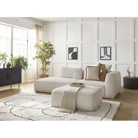 BOBOCHIC - Canapé droit fixe 3 places LEOPOLD tissu texturé avec pouf Accoudoir droit  Beige (1/5)