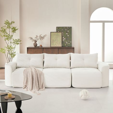 Canapé modulable 3 places en configuration 2+1, siège individuel amovible, formes arrondies, 3 coussins dossier, velours côtelé beige style Wabi-Sabi (1/5)