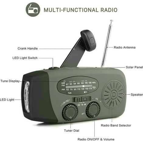 Radio di emergenza verde - Radio solare - Radio di emergenza solare - Radio di sopravvivenza - Radio a batteria - Radio di emergenza - Radio a dinamo - Radio di emergenza - Radio portatile - A carica (1/2)