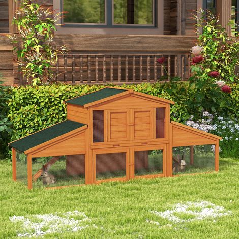 Clapier cage à lapins rongeurs poulailler XXL 2 étages 2 enclos tiroir déjection 2,25L x 0,70l x 1H m bois massif pin