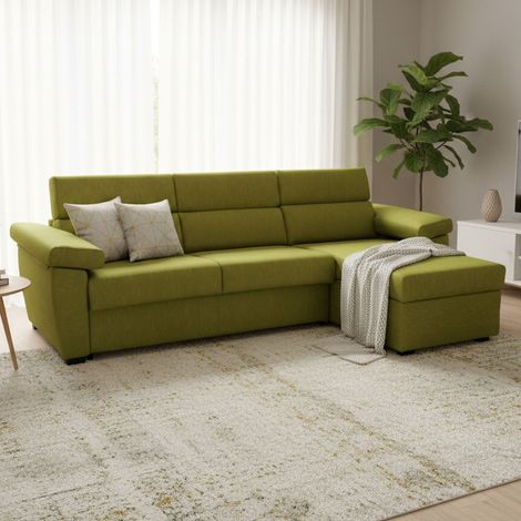 Sofá Cama con Chaise Longue Tolle, Desenfundable, Con Almacenamiento Hecho en Italia, Repelente Agua, Transformable en Cama, 285x160 cm Verde (1/5)