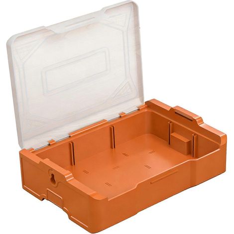 Boîte de rangement empilable et peu encombrante, jusqu'à 3 niveaux, pour organiser outils, quincaillerie et petits objets. Couvercle transparent, design orange. (1/4)