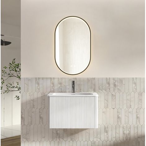 Set mobile bagno sospeso bianco con lavabo integrato e specchio LED 61 cm (1/5)
