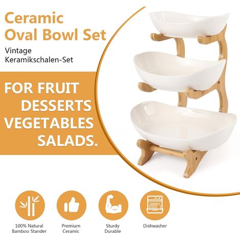 Alzata per frutta a 3 livelli, cesto di frutta in ceramica con robusta base in legno, vassoi per torte, frutta, dessert, decorazione per fruttiera (1/4)