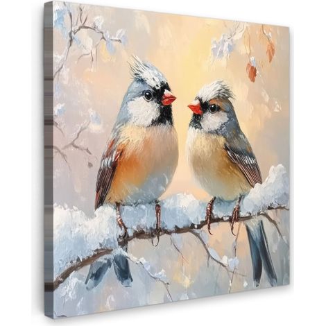CUADRO EN LIENZO Pájaros - Rama - Invierno - Nieve Decoracion Pared Salon 20x20 cm