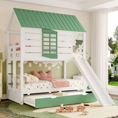 Lit superposé enfant 90x200, sécurité renforcée lit cabane, toboggan, lit gigogne