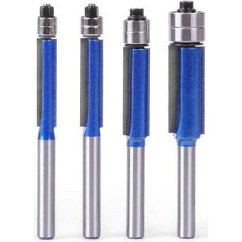 1/4 inch shank flush trim drill bit, 4 pieces, fluted cutter, flush trim cutter with double bearing on the head (cutting diameter: 6.35 mm, 7.96 mm, 9.52 mm, 12.7 mm)