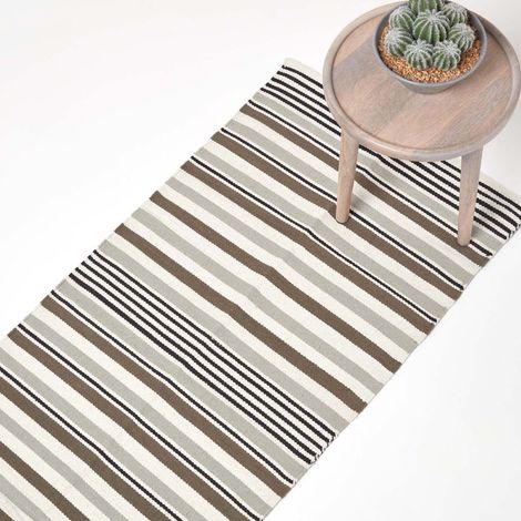 HOMESCAPES Modern Black Grey Scandinavian Style Striped Cotton Rug, 66 x 200 cm (1/5)