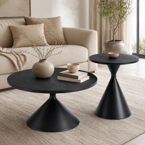 Lot de 2 tables basses rondes, Ø70 × H40 cm & Ø50 × H50 cm, table basse et table d'appoint en look bois noir, piètement en acier au carbone, ensemble de tables moderne pour salon et chambre (1/4)