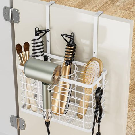 Soporte para secador de pelo - 3 en 1 - Organizador de herramientas para el cabello - Altura ajustable - Puerta del armario/Organizador de pared para baño para secador de pelo, planchas (Blanco) (1/5)