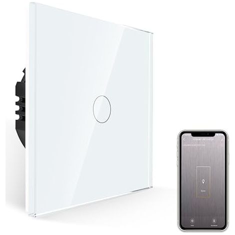 Interruttore touch intelligente JIMEIDA - Pannello in vetro bianco - 600W - Interruttore intelligente per Alexa, Google Home - 1 velocità con LED di stato - Richiede filo neutro (1/5)