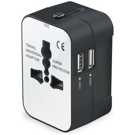 Adaptateur Voyage Universel - Prise Murale CA - 2 Ports USB - 110 V / 220-240 V - 2500 W - Pour Voyages Internationaux - 1 Pièce (1/5)