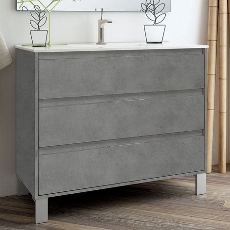 Meuble sous vasque seul, 3 tiroirs, 100cm, pour simple vasque - ciment (gris) - TIRIS