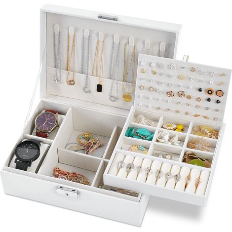 Freosen – Boîte à bijoux femme 2 couches 23 x 17 x 8,5 cm – Rangement verrouillable avec clé – Cuir PU imperméable – Compartiments pour colliers et montres (1/5)