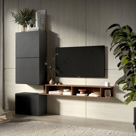 Ensemble mural design moderne meuble TV suspendu en bois Infinity 51 - Marron - Noir (1/2)