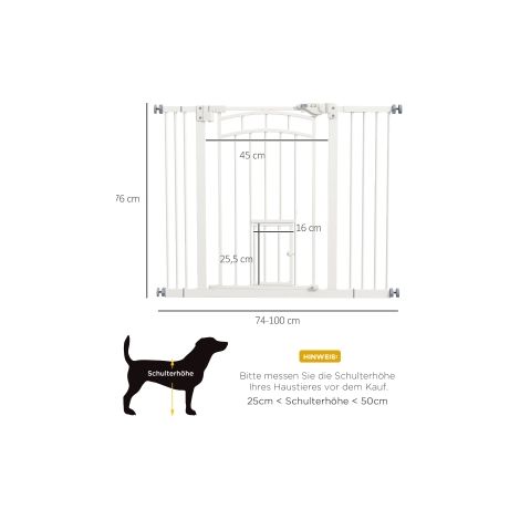 Barrière blanche pour animaux 74-100 cm avec fermeture automatique et trappe pour chat sans perçage pour escaliers et couloirs (1/5)