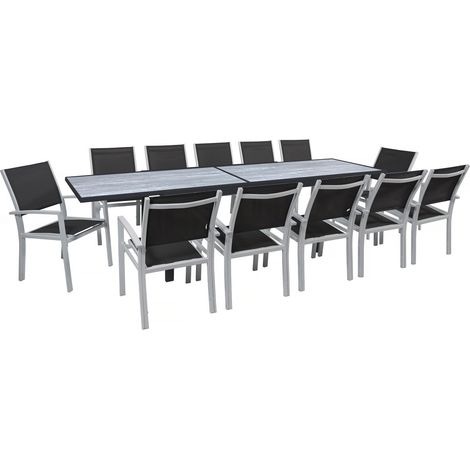 Garten-Essgruppe ausziehbar "Lagos" - Ausziehbarer Tisch 200/320 x 105 x 76 cm - 12 Stühle - Schwarz