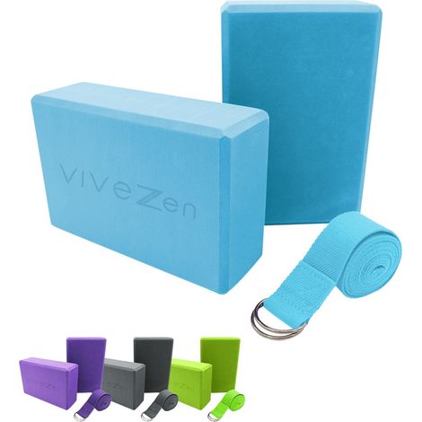 Lot de 2 briques de yoga 23 x 15 x 7,5 cm et sangle de yoga 183 x 3,8 cm - EVA - Bleu - Vivezen (1/4)