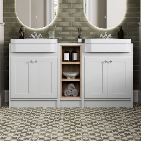 1540mm Bathroom Double Vanity Unit Semi-Recessed Basin Shelf Storage, Traditional, Chrome Handles, White (1/5)