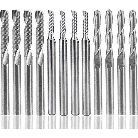 AIDUCHO 12-teiliges Hartmetall-Fräserset: 4 x 1/8" Doppelschneider-CNC-Fräser + 8 x Einzelschneider-Fräser (2 Typen) für Nylon, Harz, ABS, Acryl, PVC, MDF, Holz (1/5)
