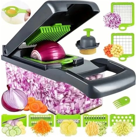 (14 en 1) Coupe-légumes multifonctionnel avec poignée, en acier inoxydable et en plastique. (1/5)