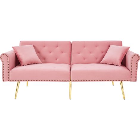 Sofá cama de 2 plazas en terciopelo rosa con respaldo reclinable y patas metálicas doradas (1/5)