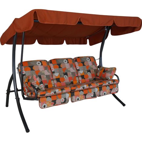 Balancelle de Jardin Comfort 3 Places, Acier Galvanisé, Convertible en Lit, Toit Parasol Réglable, Coussins Rembourrés (Orange-Beige-Marron à Motifs) (1/5)
