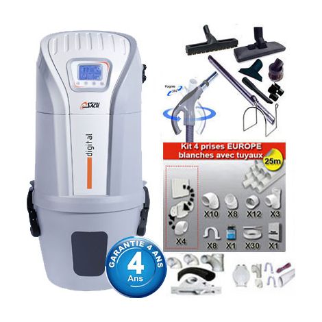 Aspiration centralisée SACH CVTech VAC Digital 2.4 kW garantie 4 ans (jusqu'à 500 M²) + Set inter 9 M + 8 accessoires + kit 4 prises + kit prise balai + kit prise garage (1/5)