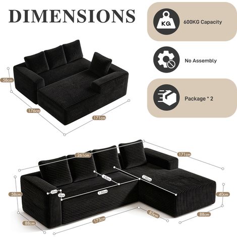 Sofá modular de esquina 261x173x58 cm en tela negra, chaise longue derecha – MEUBLIV (1/5)