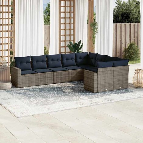 Ensemble canapé jardin 9 places tissé résine gris avec coussins déhoussables - 2 fauteuils d'angle, 2 canapés accoudoirs, 5 sièges centraux (1/5)