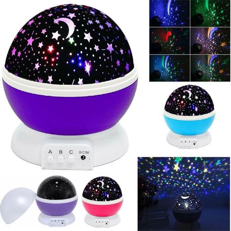 Rotierender Nachtlichtprojektor für Kinder, Himmel, Mond und Sterne, blau/lila/rosa