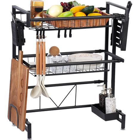 Égouttoir à vaisselle télescopique, double couche, égouttoir à vaisselle de cuisine, 95 × 27,5 × 72 cm, noir (1/5)