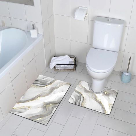 Lot de 2 Tapis de Bain Marbre Doré Blanc Antidérapants (1/5)