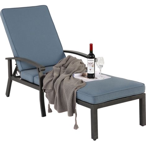Chaise lounge de patio avec coussin en coton, chaise longue de piscine en aluminium antirouille, réglable et inclinable, coussin bleu imperméable (1 pièce)