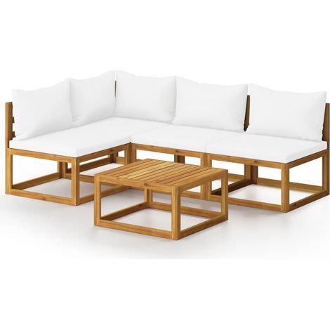 Vidaxl – Salon de jardin 5 pcs avec coussins crème – Bois d'acacia massif – Résistant aux intempéries – Table basse 68x68cm – Conception modulaire