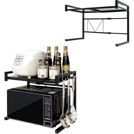1 Support four micro-ondes, étagère extensible 40-65 cm, acier carbone, 3 crochets, cuisine bureau