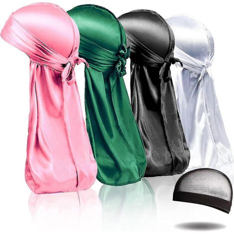 4er-Pack seidige Durags, Seiden-Durag für Männer und Frauen mit Wellenfrisuren, Seiden-Durag-Packung mit 1 Wellenkappe, seidiger Satin-Durag mit extra langen Enden-Orange (1/4)