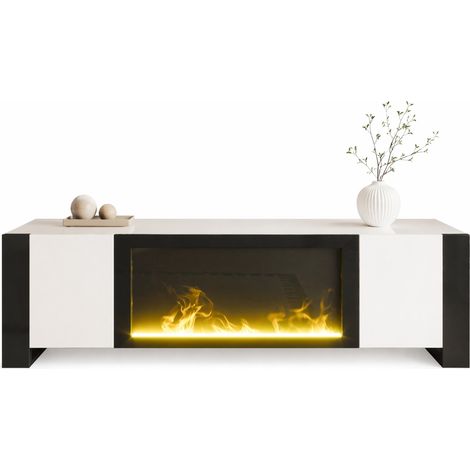 Mobile TV moderno con camino elettrico decorativo, effetto fiamma realistico, 2 ante push-to-open, finitura bianco lucido e nero, 165 cm - CHICFURN (1/5)