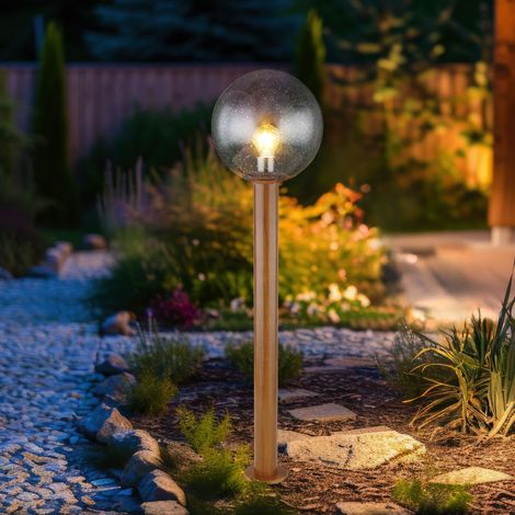 Außenleuchte Stehlampe Außen Gartenleuchte Standleuchte braun Terrassenlampe Wegeleuchte, Aluminium Glas Holzoptik, Kugel, 1xE27, DxH 25x100 cm, Garten Außenanlagen